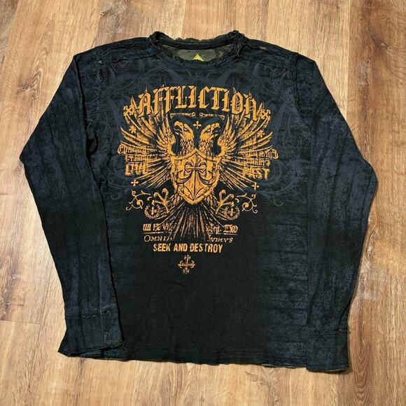 Vintage Affliction Thermal Shirt Reversible Y2K Long Sleeve Camo Black Mens 2XL - Picture 2 of 10